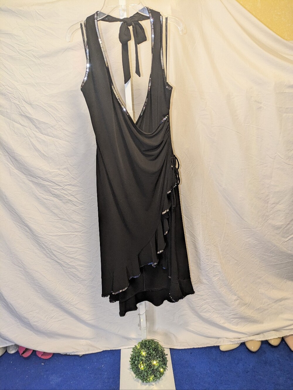 Jump Apparel Y2K Black Halter Sequin Ruffle Midi Dress Size 16